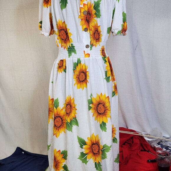 Ace White Yellow Orange Green Sunflowers Smocked Waist Drop Shoulder Maxi Sz 1X - Picture 13 of 16